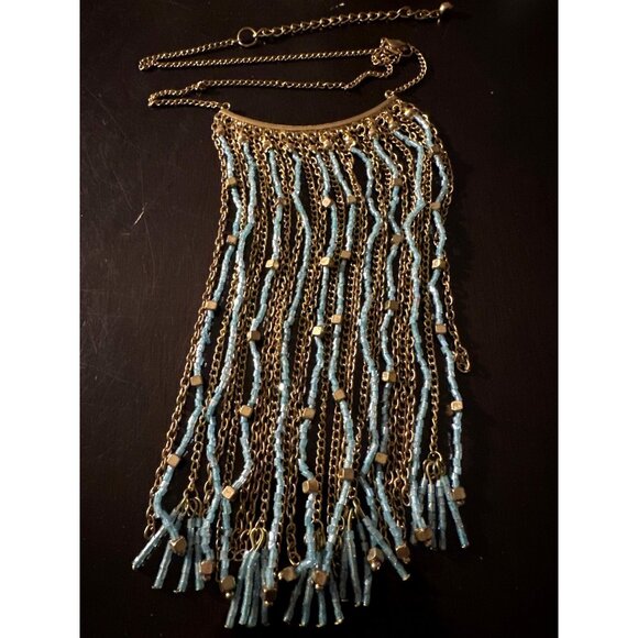 Boho Chic Fringe Bib Necklace Blue Gold Beads Gold Tone Chains Statement - Picture 6 of 9